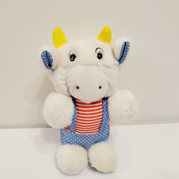 Plush White Cow Toy With Yellow Horns Blue Polka Dotted Overalls & Red Striped - Picture 1 of 4